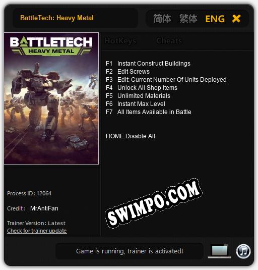 Трейнер для BattleTech: Heavy Metal [v1.0.5]