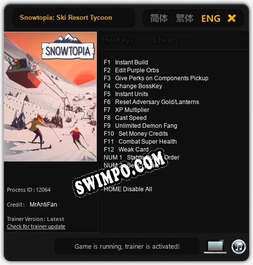 Трейнер для Snowtopia: Ski Resort Tycoon [v1.0.8]