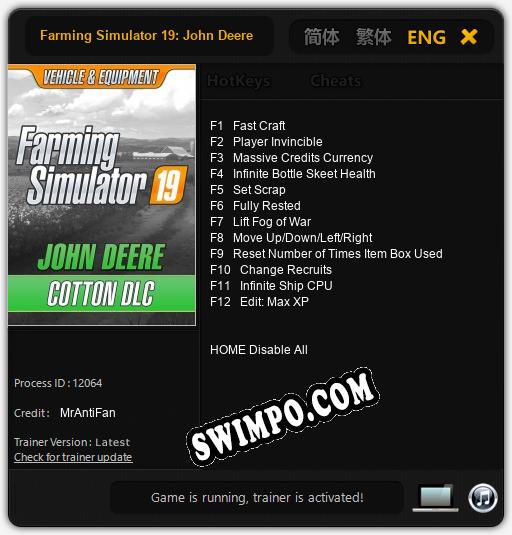 Farming Simulator 19: John Deere Cotton: Трейнер +12 [v1.7]
