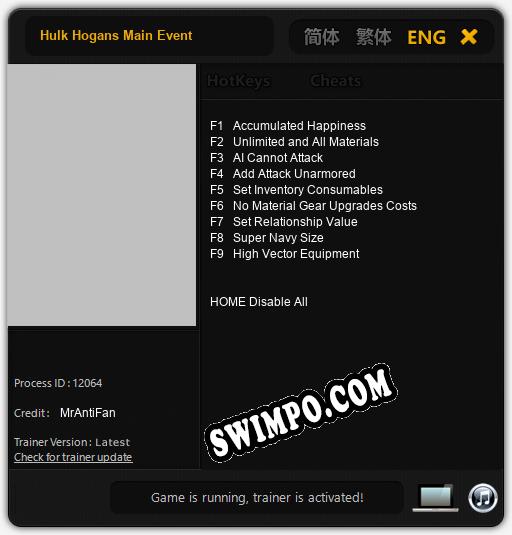 Hulk Hogans Main Event: Трейнер +9 [v1.6]