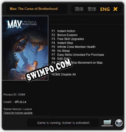 Трейнер для Max: The Curse of Brotherhood [v1.0.9]