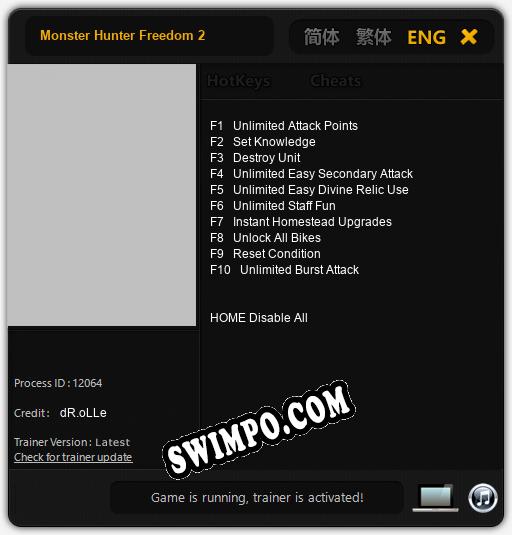 Monster Hunter Freedom 2: Трейнер +10 [v1.7]