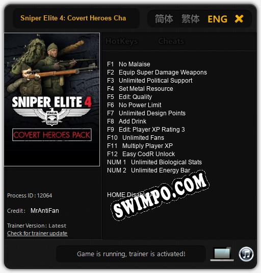 Sniper Elite 4: Covert Heroes Character Pack: Трейнер +14 [v1.4]