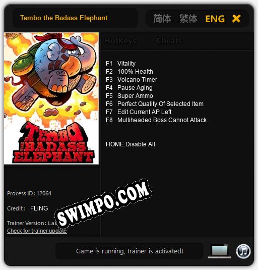 Tembo the Badass Elephant: Трейнер +8 [v1.4]