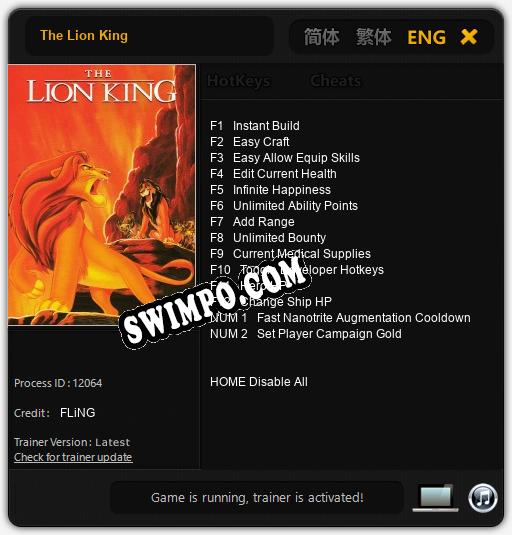 Трейнер для The Lion King [v1.0.3]