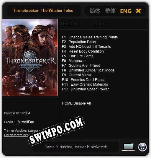 Трейнер для Thronebreaker: The Witcher Tales [v1.0.4]