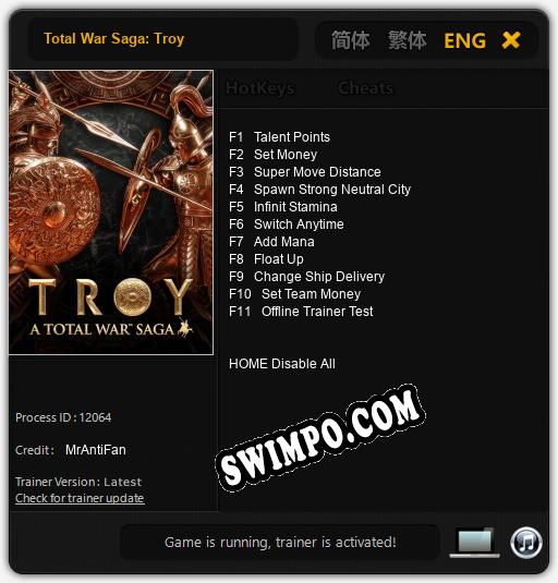 Трейнер для Total War Saga: Troy [v1.0.3]