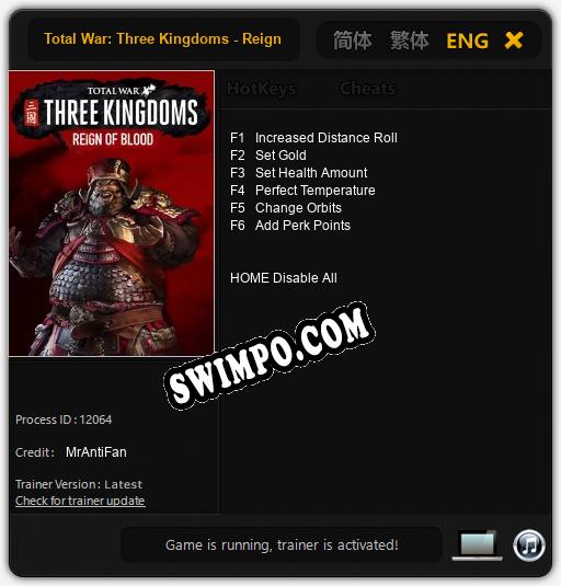 Трейнер для Total War: Three Kingdoms - Reign of Blood [v1.0.9]